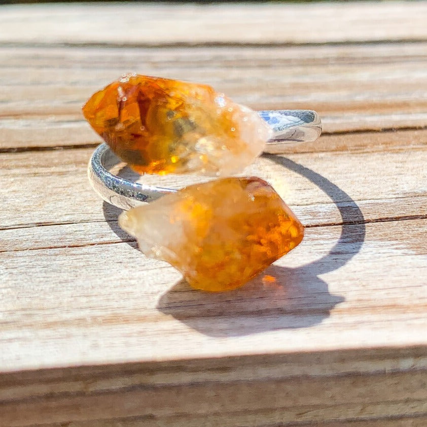 Real-Citrine-Ring. Shop for Adjustable Dual Crystal Ring - Chakra Ring Jewelry from Magic crystals. 2 points crystal ring for creativity, passion, wisdom, and love. Activate your chakra. Birthstone Rings. Pure Natural Raw Healing Crystal for Women, men. Minimal Gemstone Rings, Chunky crystal rings, Raw gemstone rings, Raw crystal rings.