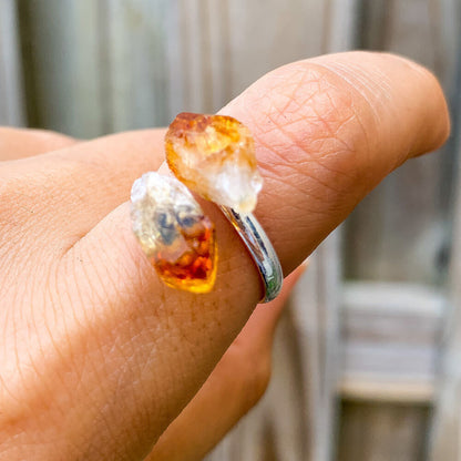 Real-Citrine-Ring. Shop for Adjustable Dual Crystal Ring - Chakra Ring Jewelry from Magic crystals. 2 points crystal ring for creativity, passion, wisdom, and love. Activate your chakra. Birthstone Rings. Pure Natural Raw Healing Crystal for Women, men. Minimal Gemstone Rings, Chunky crystal rings, Raw gemstone rings, Raw crystal rings.
