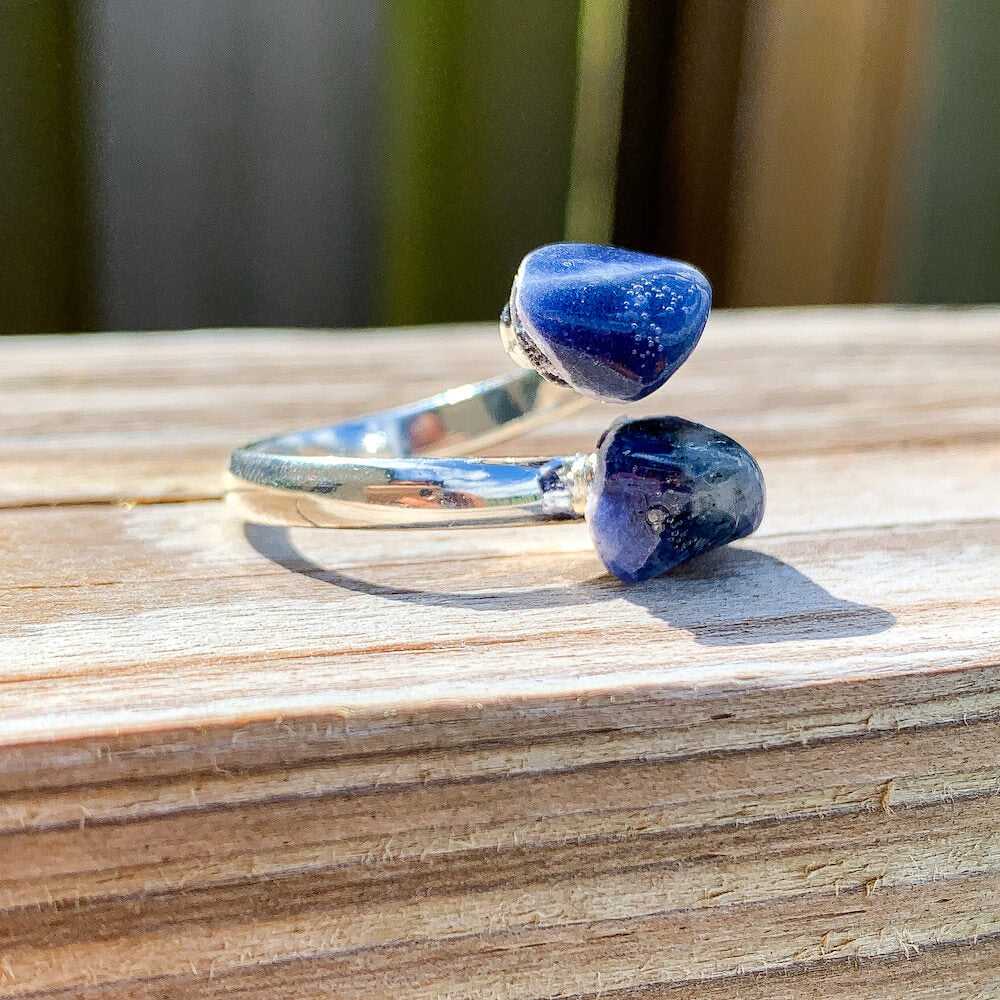 Real-Sodalite-Ring. Shop for Adjustable Dual Crystal Ring - Chakra Ring Jewelry from Magic crystals. 2 points crystal ring for creativity, passion, wisdom, and love. Activate your chakra. Birthstone Rings. Pure Natural Raw Healing Crystal for Women, men. Minimal Gemstone Rings, Chunky crystal rings, Raw gemstone rings, Raw crystal rings.