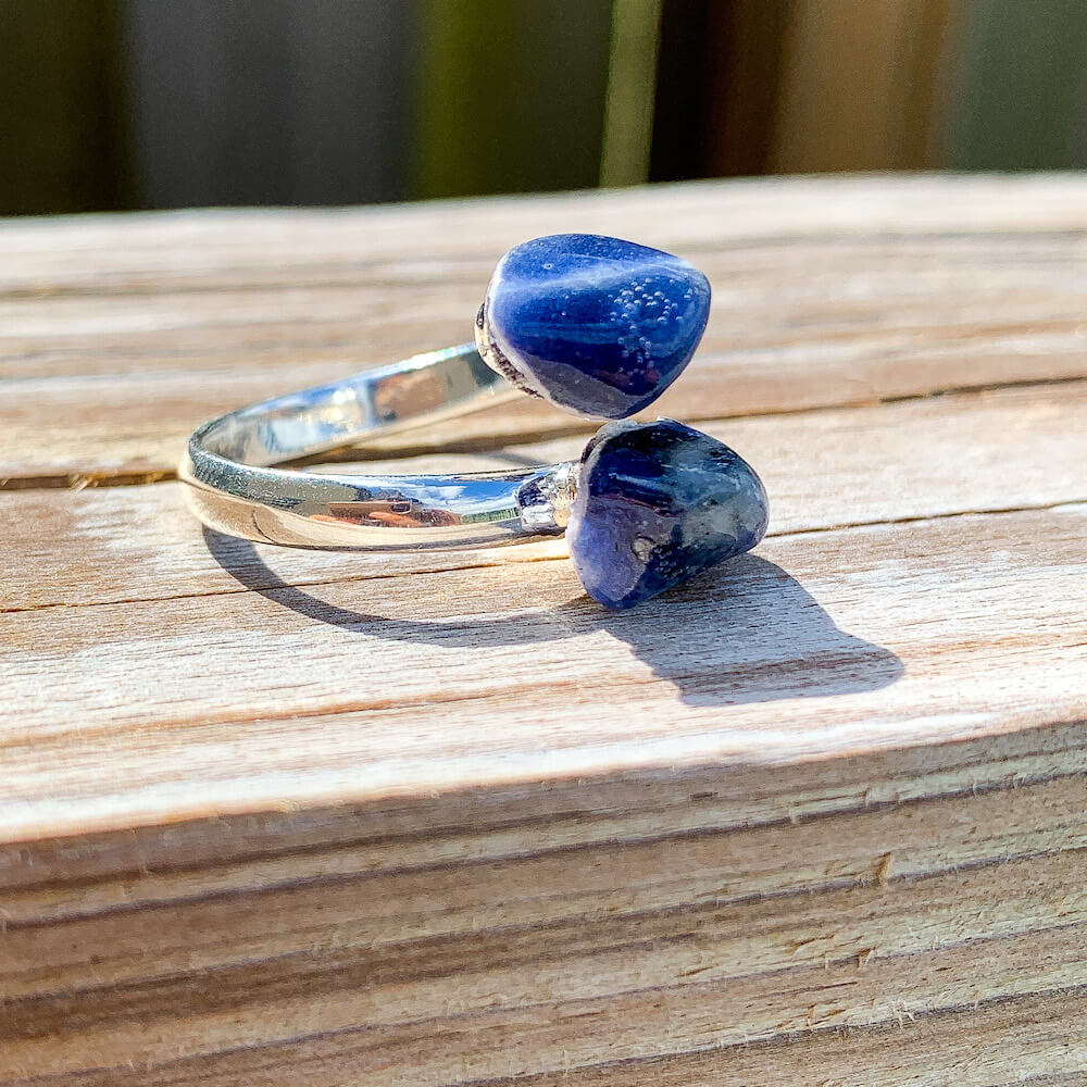 Real-Sodalite-Ring. Shop for Adjustable Dual Crystal Ring - Chakra Ring Jewelry from Magic crystals. 2 points crystal ring for creativity, passion, wisdom, and love. Activate your chakra. Birthstone Rings. Pure Natural Raw Healing Crystal for Women, men. Minimal Gemstone Rings, Chunky crystal rings, Raw gemstone rings, Raw crystal rings.