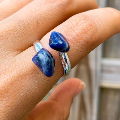 Real-Sodalite-Ring. Shop for Adjustable Dual Crystal Ring - Chakra Ring Jewelry from Magic crystals. 2 points crystal ring for creativity, passion, wisdom, and love. Activate your chakra. Birthstone Rings. Pure Natural Raw Healing Crystal for Women, men. Minimal Gemstone Rings, Chunky crystal rings, Raw gemstone rings, Raw crystal rings.
