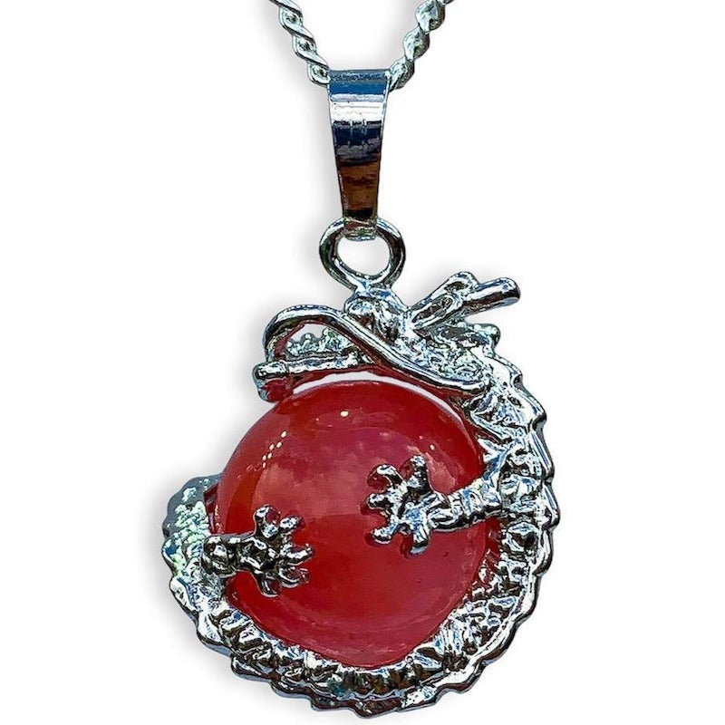    Red-Agate-Sphere Dragon Pendant Necklace - Dragon Necklace - Magic Crystals