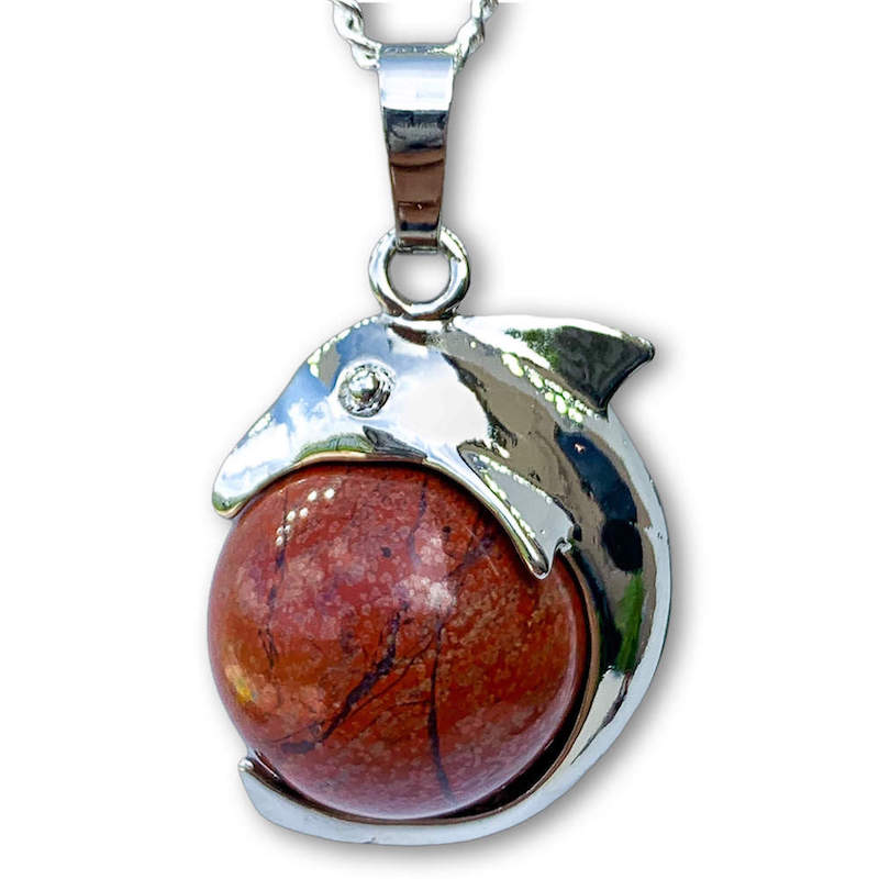    Red-Jaspe--Sphere-Dolphin-Pendant-Necklace. Dolphin Necklace - Elegant Ocean-Themed Jewelry for Women Dolphin Charm Necklace at Magic Crystals. Boho Style Jewelry with Natural Gemstones. Stone Carved Dolphin Necklace Pendant, Beach Surf Ocean Boho Gemstone Whale Fairtrade Gift. These beautiful stone necklaces are all hand carved.