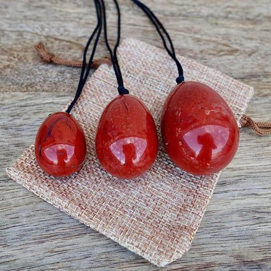 Red Jasper Yoni Eggs Set. Free Shipping Available. Buy from Magic Crystals . Yoni Eggs 3-pcs Yoni Eggs Certified  jade eggs, Drilled, with String. Yoni Eggs are highly polished semi-precious gemstones carved especially for the female Yoni (vagina). Natural Yoni Eggs Set - Yoni Eggs drilled.