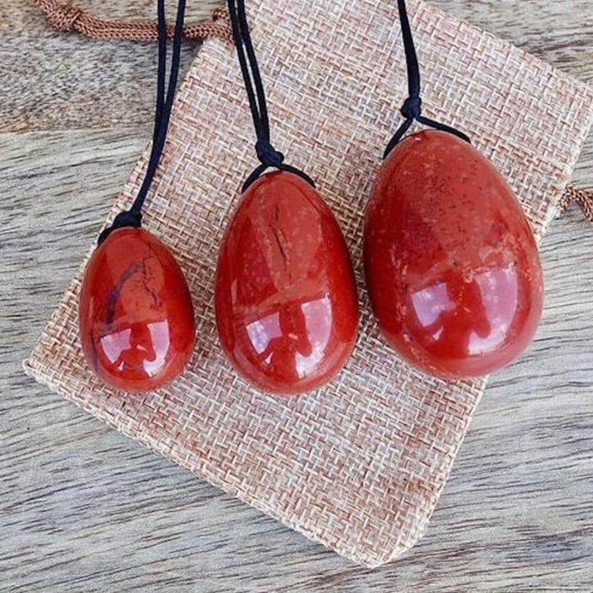 Red Jasper Yoni Eggs Set. Free Shipping Available. Buy from Magic Crystals . Yoni Eggs 3-pcs Yoni Eggs Certified  jade eggs, Drilled, with String. Yoni Eggs are highly polished semi-precious gemstones carved especially for the female Yoni (vagina). Natural Yoni Eggs Set - Yoni Eggs drilled.
