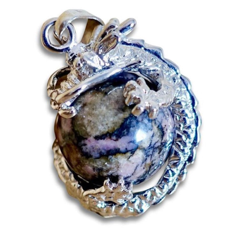 Rhodonite-Sphere Dragon Pendant Necklace - Dragon Necklace - Magic Crystals