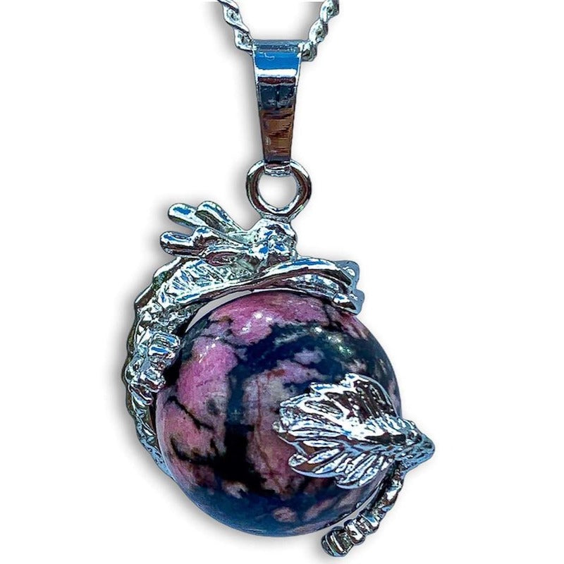 Rhodonite-Sphere Dragon Pendant Necklace - Dragon Necklace - Magic Crystals