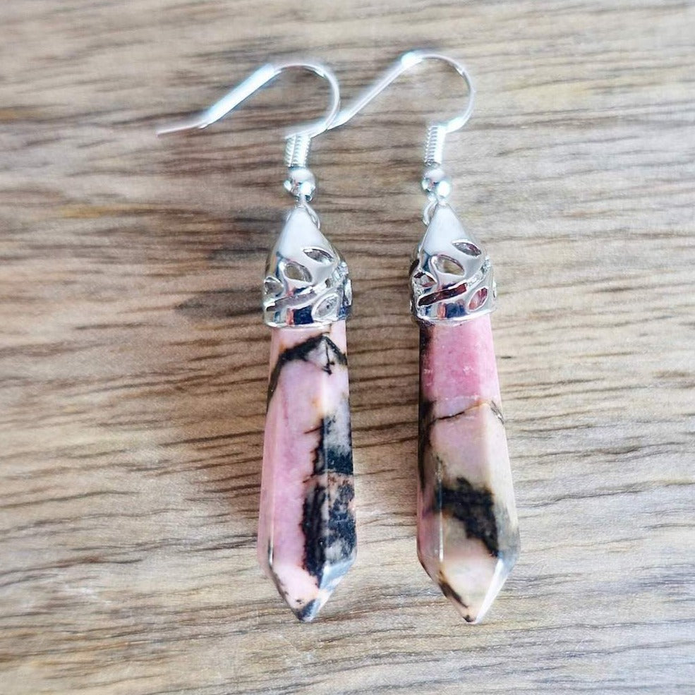 Gemstone Dangling Earrings. Rhodonite Dangle-Earrings. Looking Natural Stone Earrings - Dangling Crystal Jewelry? Show Jewelry at Magic Crystals. Natural stone, dangle earrings, and more. Crystal Single Point Earrings, Small Crystal Points, Healing Crystal Earrings, Gemstones, and more. FREE SHIPPING available.