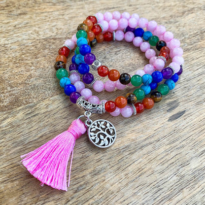 Rose-Quartz--7-Chakra-Prayer-Necklace. Shop beautiful hand crafted Seven Chakra Payer Mala Beads Necklace, Chakra Jewelry. High quality Prayer Beads Necklace at Magic Crystals. Magiccrystals.com Inspiring People To Practice Yoga and Meditation. Check out our Mala Necklaces Collection. Mala beads are a string of beads that are used in a meditation practice.