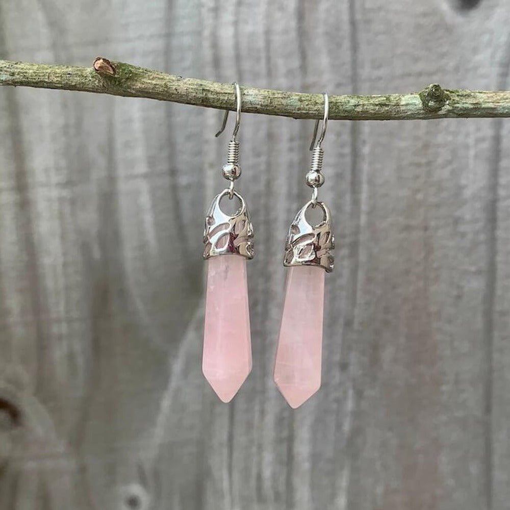 Gemstone Dangling Earrings. Rose-Quartz-Dangle-Earrings. Looking Natural Stone Earrings - Dangling Crystal Jewelry? Show Jewelry at Magic Crystals. Natural stone, dangle earrings, and more. Crystal Single Point Earrings, Small Crystal Points, Healing Crystal Earrings, Gemstones, and more. FREE SHIPPING available.