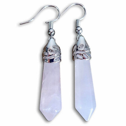 Gemstone Dangling Earrings. Rose-Quartz-Dangle-Earrings. Looking Natural Stone Earrings - Dangling Crystal Jewelry? Show Jewelry at Magic Crystals. Natural stone, dangle earrings, and more. Crystal Single Point Earrings, Small Crystal Points, Healing Crystal Earrings, Gemstones, and more. FREE SHIPPING available.