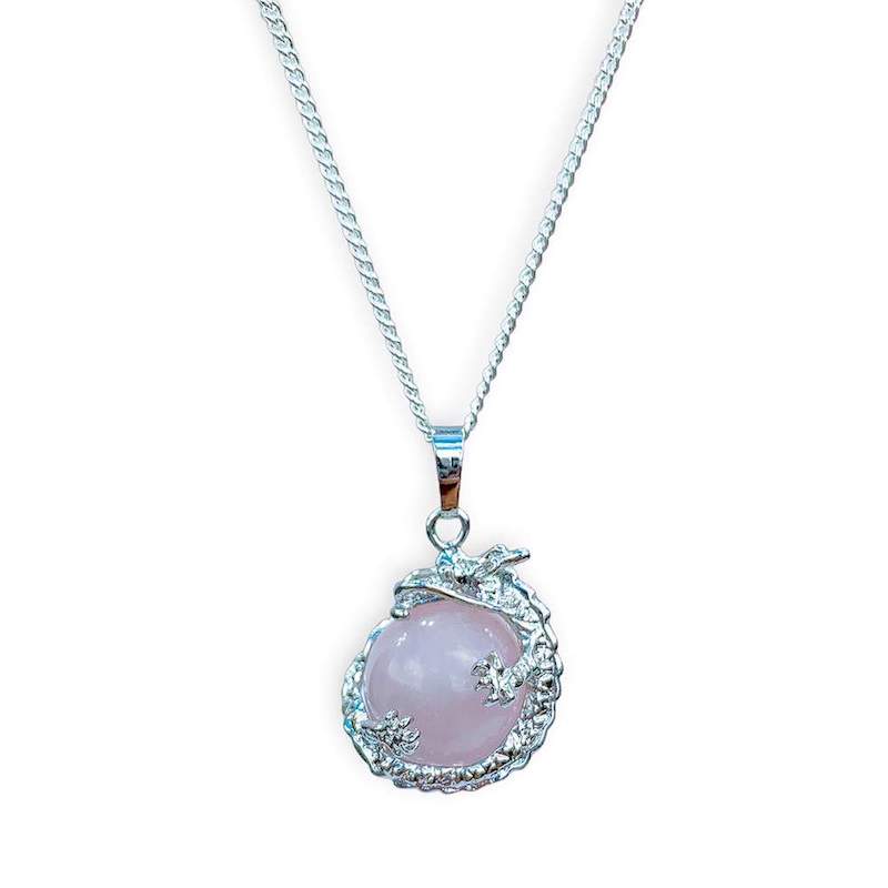 Rose-Quartz-Sphere Dragon Pendant Necklace - Dragon Necklace - Magic Crystals