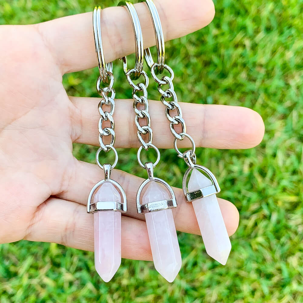 Rose Quartz KEYCHAIN. Shop at Magic Crystals for Crystal Keychain, Pet Collar Charm, Bag Accessory, natural stone, crystal on the go, keychain charm, gift for her and him. Rose Quartz is a great LOVE. FREE SHIPPING available. Rose Quartz Crystal Key Chain, Crystal Keyring, Rose Quartz Crystal Key Holder. Pink gemstone.