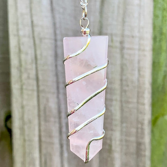 Looking for a handmade Rose Quartz Necklace? Find the best quality Rose Quartz Necklace when you shop at Magic Crystals. STONE OF LOVE. Rose Quartz Obelisk Wire Wrap Pendant, Rose Quartz  Pendant, Rose Quartz Necklace, Wire Wrapped Rose Quartz.FREE SHIPPING available. Rose Quartz  Flat Point In Silver Spiral Pendant.
