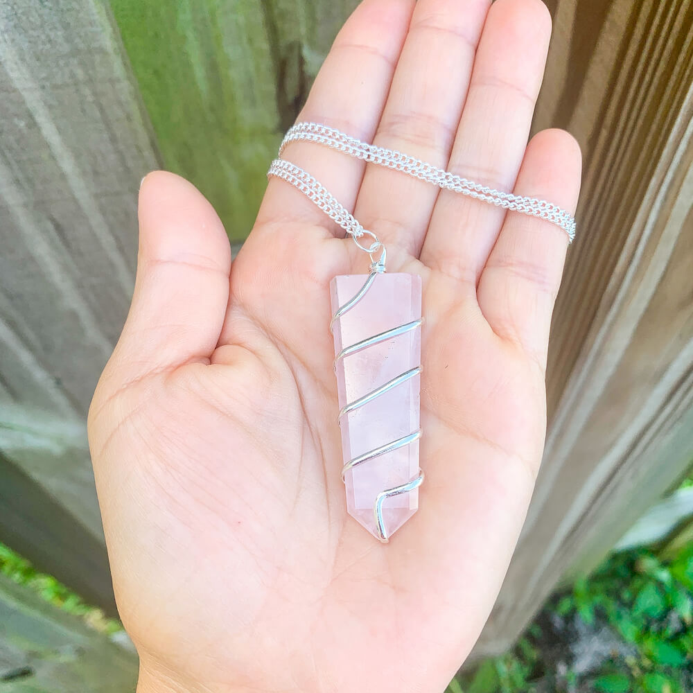 Looking for a handmade Rose Quartz Necklace? Find the best quality Rose Quartz Necklace when you shop at Magic Crystals. STONE OF LOVE. Rose Quartz Obelisk Wire Wrap Pendant, Rose Quartz  Pendant, Rose Quartz Necklace, Wire Wrapped Rose Quartz.FREE SHIPPING available. Rose Quartz  Flat Point In Silver Spiral Pendant.