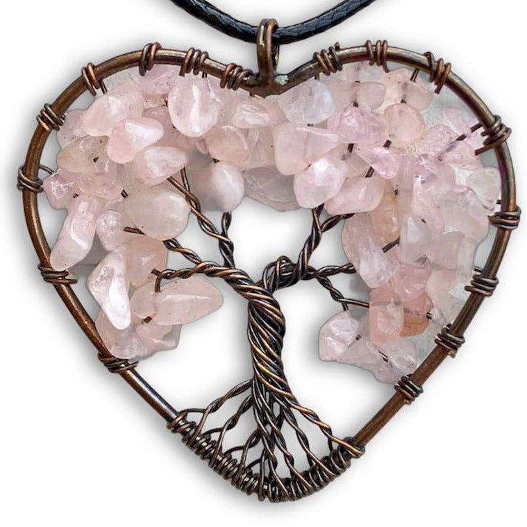    Rose-Quartz-Tree-of-Life-Copper-Wire-Heart-Necklace. Looking for Copper Jewelry? Magic Crystals offers handmade Heart Copper Wire Wrapped,  Tree Of Life,  Hematite Pendant Necklace, 7th Anniversary Gift, Yggdrasil Necklace for Him or Her Gift. Heart Gift perfect for any occasion. Heart Necklace With gemstones. Tree of Life made of copper in a pendant necklace.