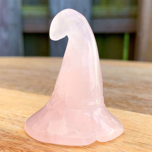 Rose-Quartz-Witch-Hat.Looking for Carved Gemstone? Shop at Magic Crystals for Beautiful Crystal Witch Caps made of genuine Fluorite, Opalite, Amethyst, Clear Quartz, Black Obsidian. Gemstone Hand Carved Wizard Magic Hat Statue Decoration, Reiki Healing Quartz Sculpture, Powwow Hat. Home Decor. Gemstone 2" - Witches Hat.
