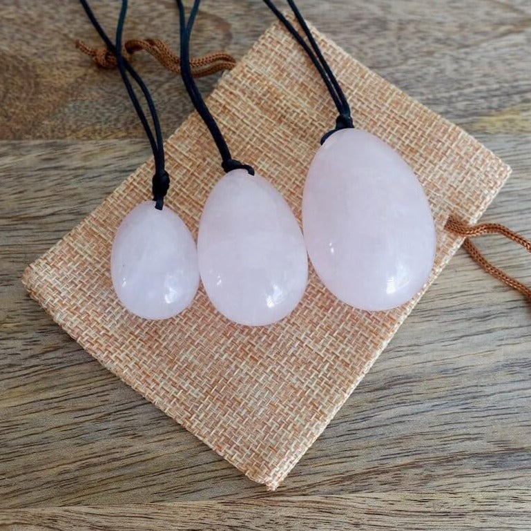 Rose Quartz Yoni Eggs Set. Free Shipping Available. Buy from Magic Crystals . Yoni Eggs 3-pcs Yoni Eggs Certified  jade eggs, Drilled, with String. Yoni Eggs are highly polished semi-precious gemstones carved especially for the female Yoni (vagina). Natural Yoni Eggs Set - Yoni Eggs drilled.