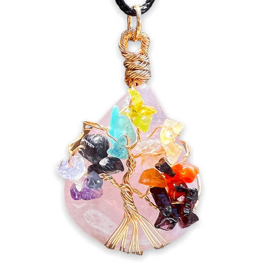 Looking for a gift for mother/her, tree of life necklace, stone necklace, pendant? Shop at Magic Crystals for a Rose Quartz 7 Chakra Tree Of Life Drop Necklace. 7 Chakra necklaces, and seven chakras jewelry pieces. Handmade Natural Rose Quartz Crystal. Rose Quartz Drop shape, teardrop, love Necklaces.