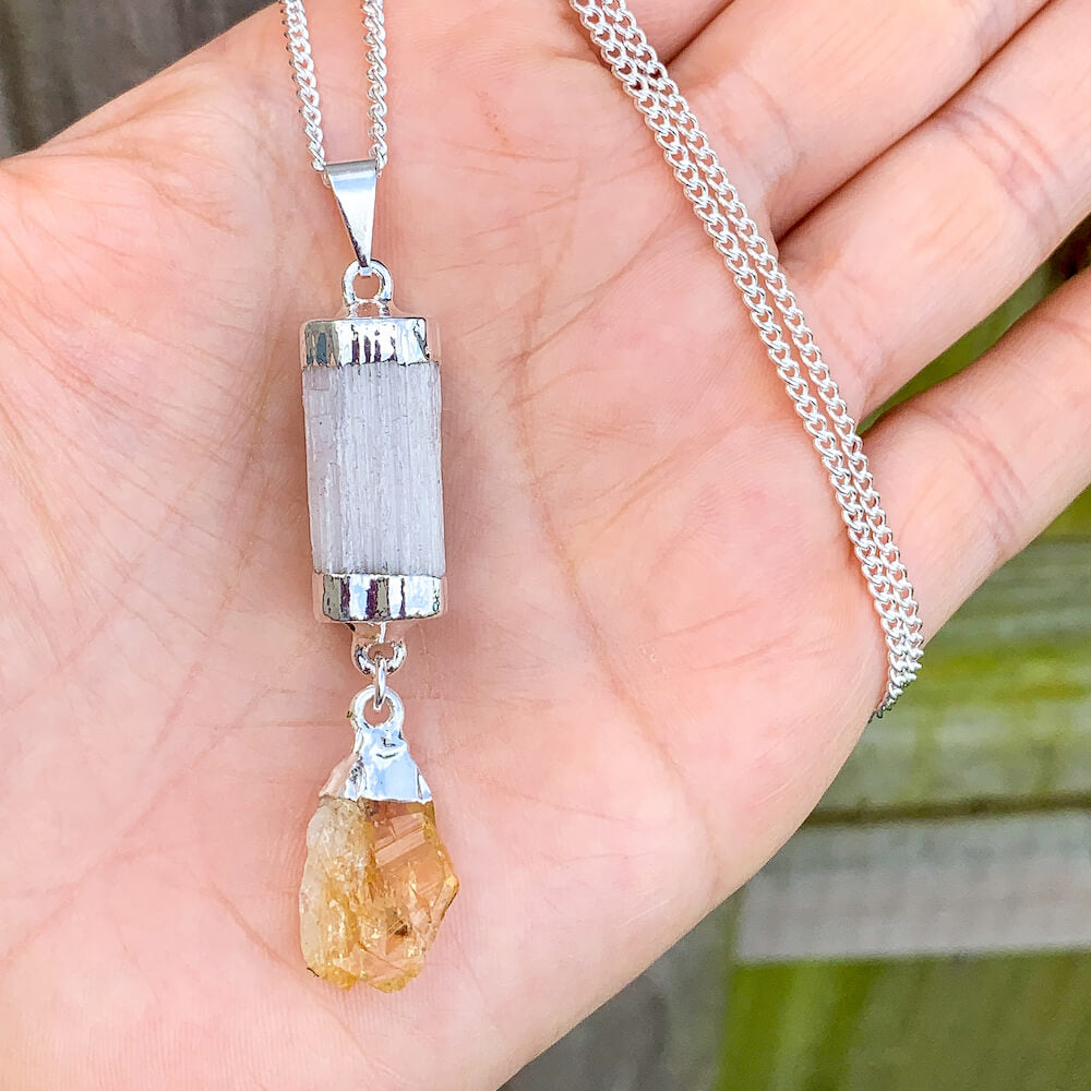 Looking for a Selenite Necklace or Citrine Necklace? Raw Selenite Pendant with Citrine, Amethyst, or Quartz crystal point are available at Magic crystals. We carry genuine Selenite, Citrine stones. FREE SHIPPING available. Selenite necklace - selenite crystal - healing crystals and stones.