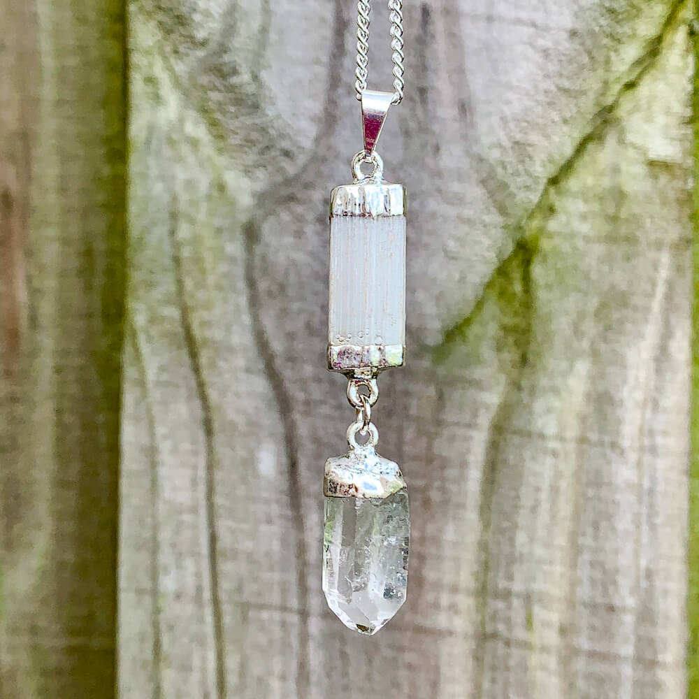 Looking for a Selenite Necklace or Citrine Necklace? Raw Selenite Pendant with Citrine, Clear Quartz, or Quartz crystal point are available at Magic crystals. We carry genuine Selenite, Citrine stones. FREE SHIPPING available. Selenite necklace - selenite crystal - healing crystals and stones.