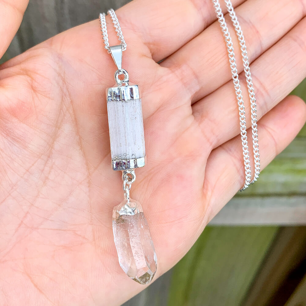 Looking for a Selenite Necklace or Citrine Necklace? Raw Selenite Pendant with Citrine, Clear Quartz, or Quartz crystal point are available at Magic crystals. We carry genuine Selenite, Citrine stones. FREE SHIPPING available. Selenite necklace - selenite crystal - healing crystals and stones.