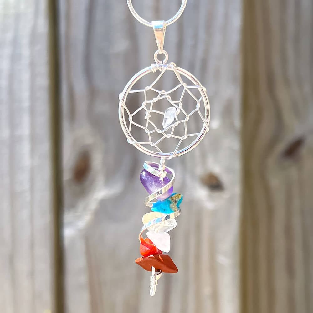 Shop our 7 Chakra Stone Necklace at Magic Crystals. We Have the Very Best Quality and Unique Gemstones Collection. Our items are Hand Crafted and Handmade with Love. This Seven Chakra Infinity Dream Catcher Silver Necklace will Help you Activate your Chakras to Bring Balance and Energy into your Life. 