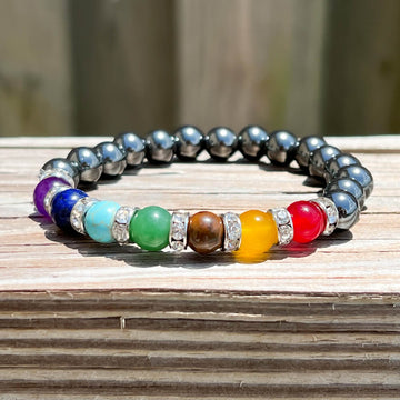 Bracelet Pierres Naturelles Hématite Et 7 Chakras – Thérapie, Bien-être, Ajustable (neuf)