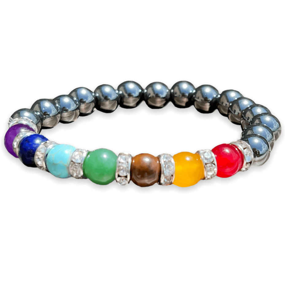 Looking for Hematite Bracelet? Shop at Magic Crystals for Hematite Stone 7 Chakra Bracelet. We carry a wide variety of Hematite Jewelry, perfect for grounding, harmony and courage. FREE SHIPPING available. 8mm unisex bracelet. Hematite beaded bracelet made of 7 chakra beads. Mother's Day, Christmas, Valentine's present