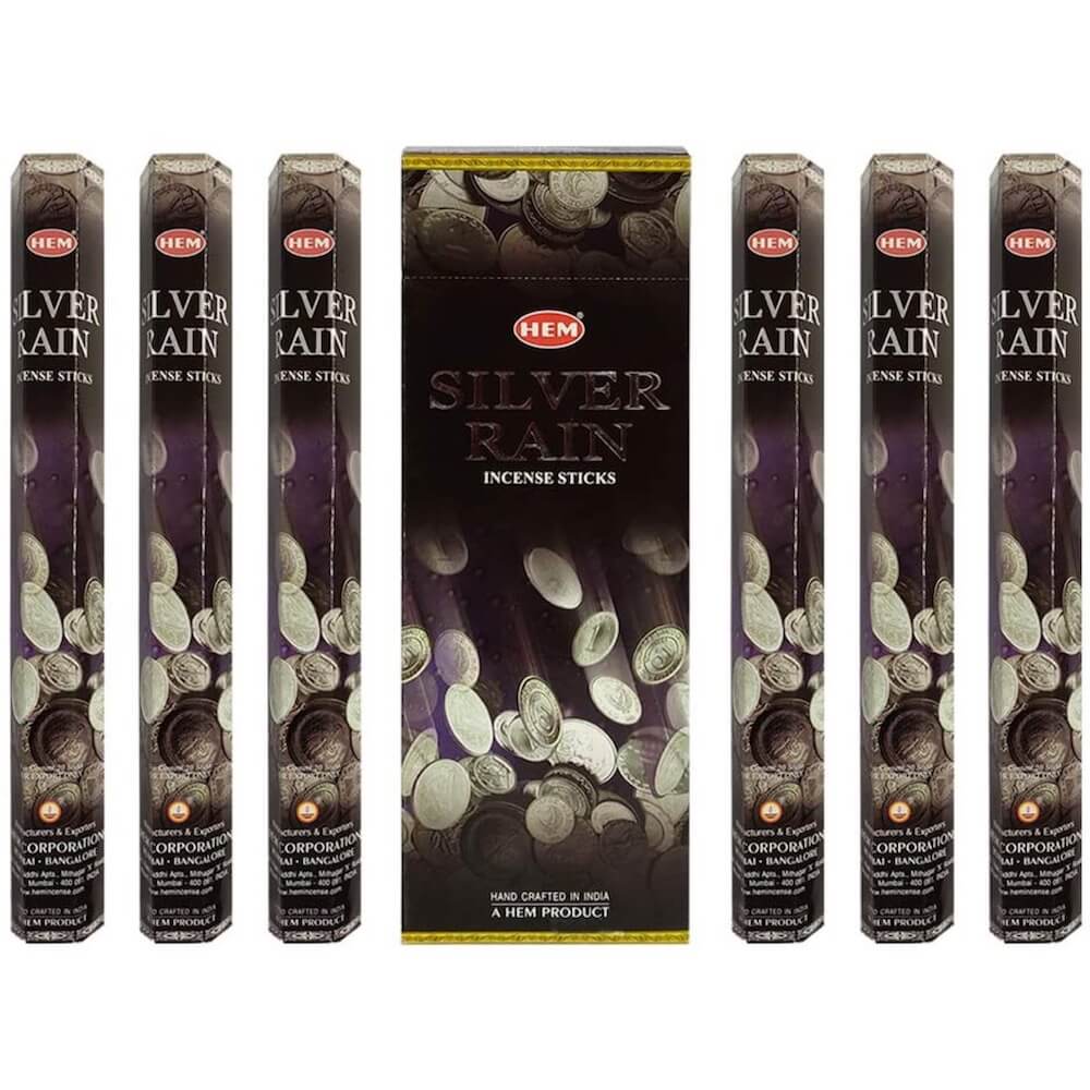 HEM Silver Rain  Incense | HEM Lluvia de Plata Incienso - Magic Crystals. Free Shipping Available. 6 tubes of 20 sticks, 120 sticks total. Quality Incense. Hem is known throughout the world for producing traditional incenses made from quality woods, flowers, resins, and essential oils.