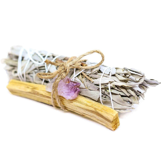 Looking for, where can I buy White Sage, Palo Santo sticks, and amethyst? Shop at Magic Crystals for Amethyst Smudge Bundle - Palo Santo - White Sage - Amethyst - Space Clearing - Home Cleansing Kit - Calming Smudge Bundle - Meditation. Smudging for Cleansing and Clearing Your Home, Clearing Negative Energy. 