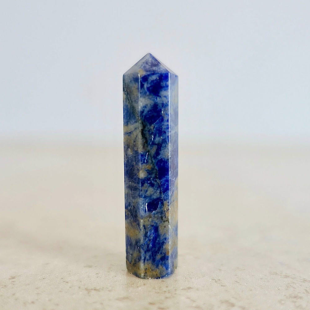 Gemstone Single Point Wand - Sodalite Point. Check out our Jewelry points, Healing Crystals, Bohemian Stones, Pointed Gemstone, Natural Stones, crystal tower, pointed stone, healing pencil stone. Single Terminated Gemstone Mix Crystal Pencil Point Stone, Obelisk Healing Crystals ,Mixed Points, Tower Pencil. Mini Crystal Towers.