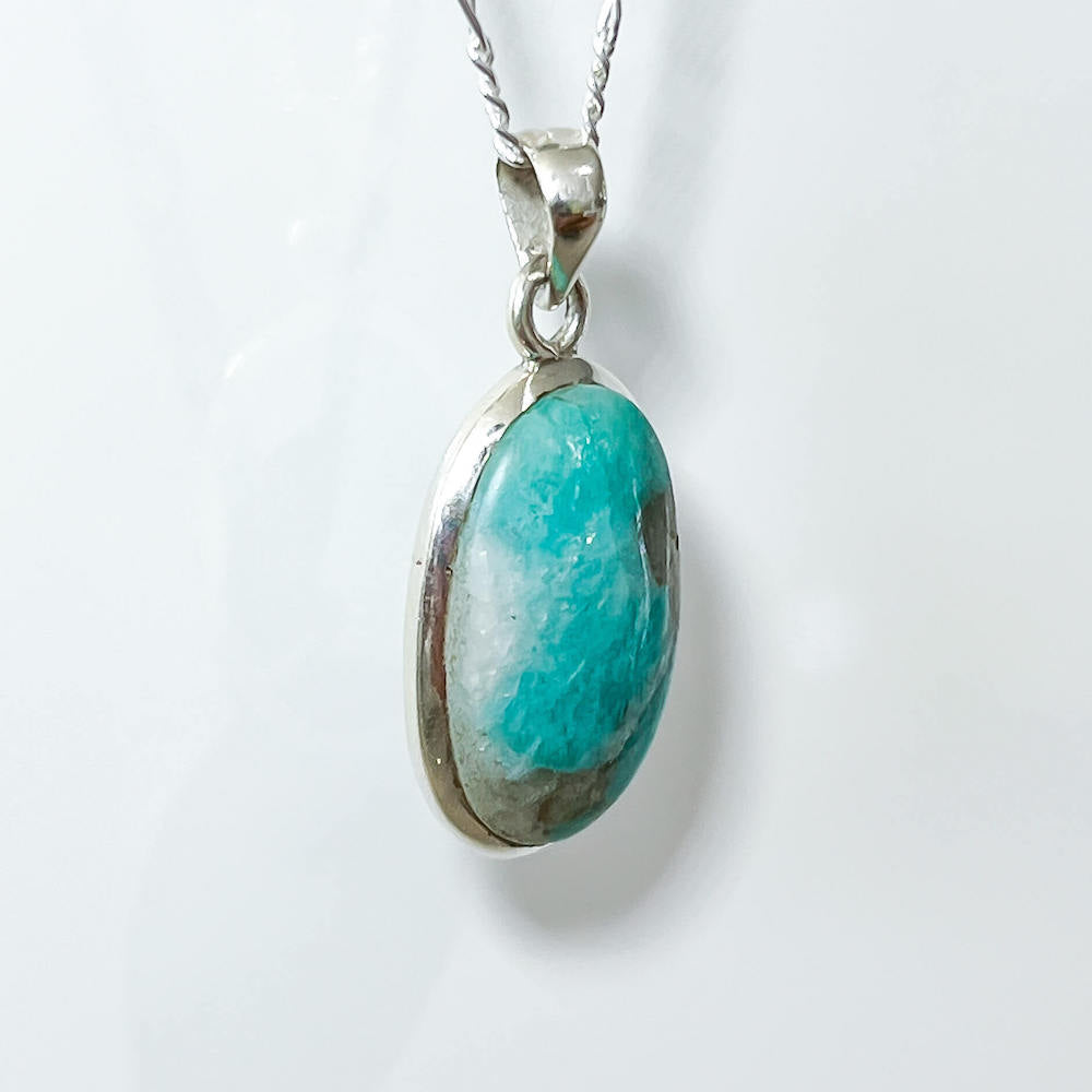 Genuine Blue Amazonite Stone Sterling Silver Pendant Necklace