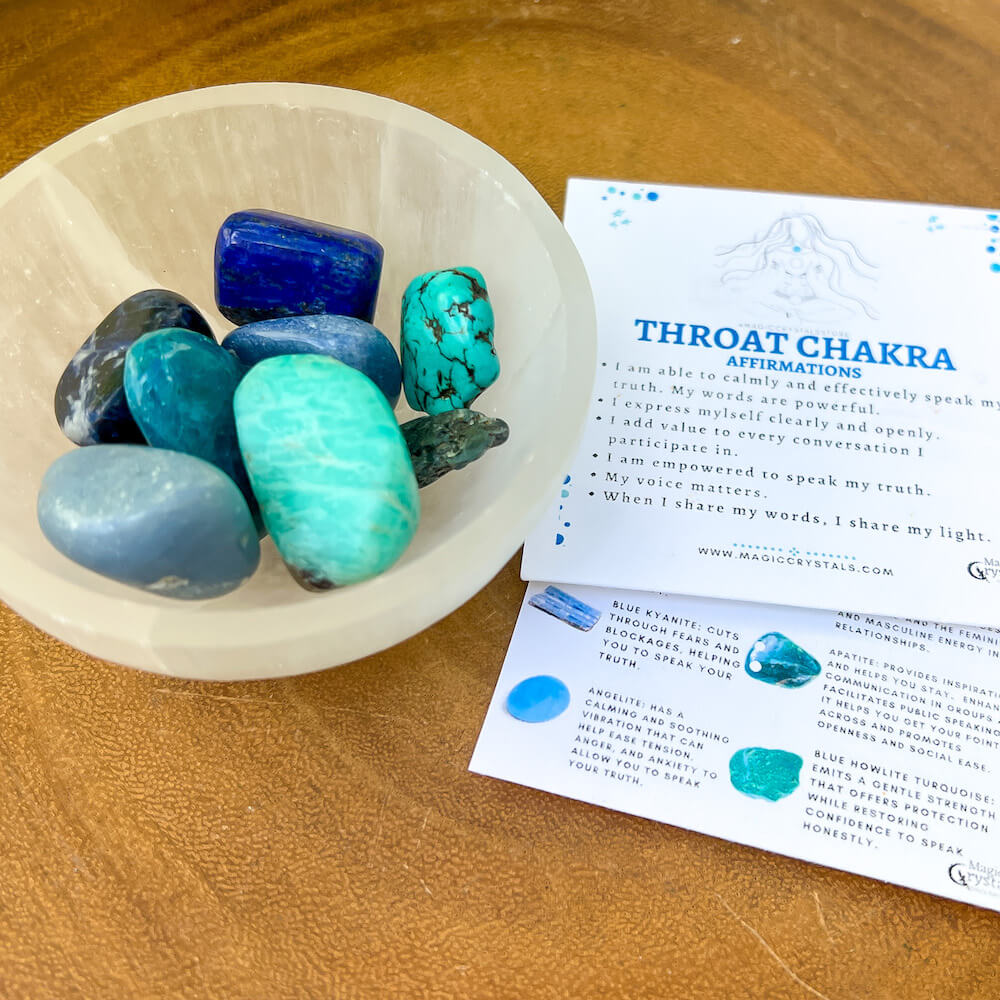 Looking for Throat Chakra Crystals? Shop at MagicCrystals.com for Crystals for Throat Chakra Opening. This chakra kit includes 8 Energy Healing Gemstones for Throat Chakra focus on communication and expression. FREE SHIPPING available. Throat Chakra known as Vishuddha.