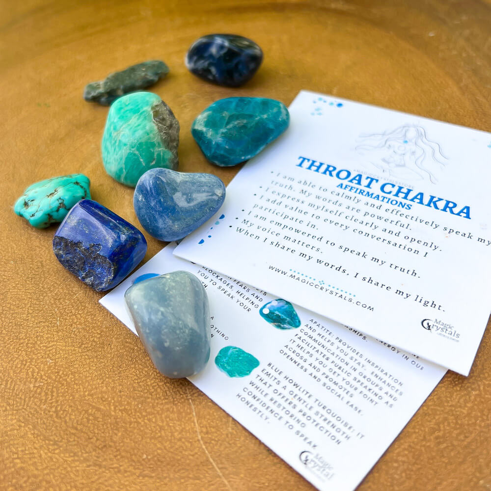 Looking for Throat Chakra Crystals? Shop at MagicCrystals.com for Crystals for Throat Chakra Opening. This chakra kit includes 8 Energy Healing Gemstones for Throat Chakra focus on communication and expression. FREE SHIPPING available. Throat Chakra known as Vishuddha.