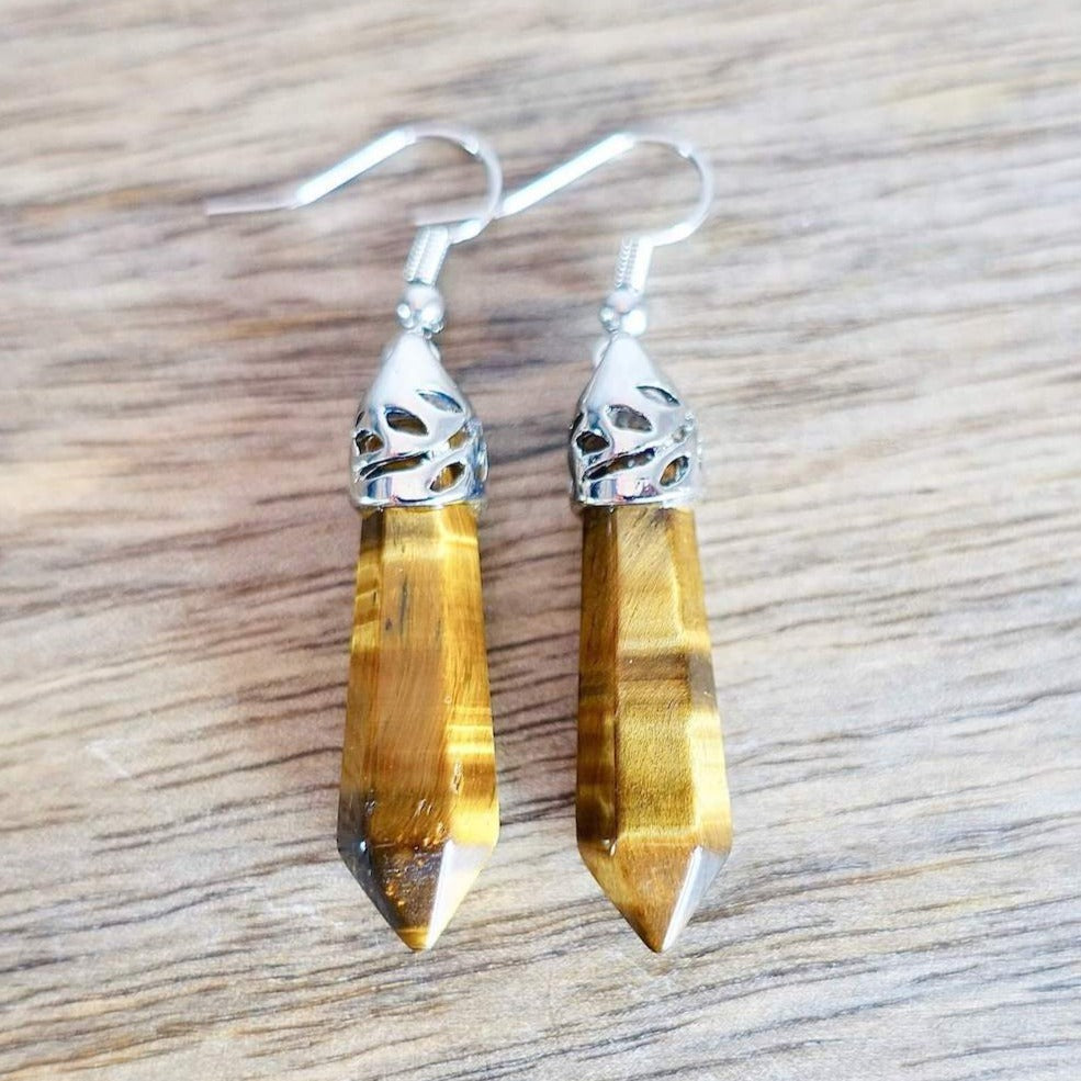 Gemstone Dangling Earrings. Tiger Eye  Dangle-Earrings. Looking Natural Stone Earrings - Dangling Crystal Jewelry? Show Jewelry at Magic Crystals. Natural stone, dangle earrings, and more. Crystal Single Point Earrings, Small Crystal Points, Healing Crystal Earrings, Gemstones, and more. FREE SHIPPING available.
