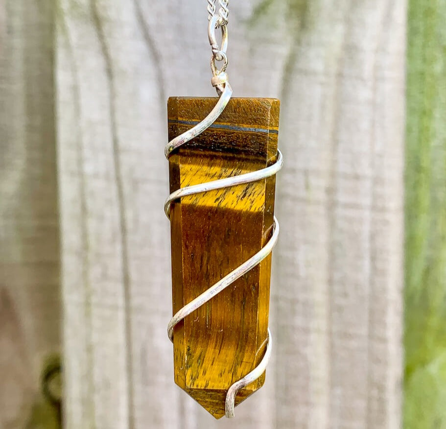 Tiger-Eye-Flat-Obelisk-Pendant.  Looking for a handmade Gemstone Obelisk Necklace? Find the best quality  Obelisk Wire Wrap Pendant w/ Plated Chain,  Wire Wrapped Necklace, Obelisk jewelry, Wire Wrap necklaces, Crown Chakra, Healing when you shop at Magic Crystals. FREE SHIPPING available. Rose Quartz  Flat Point In Silver Spiral Pendant.
