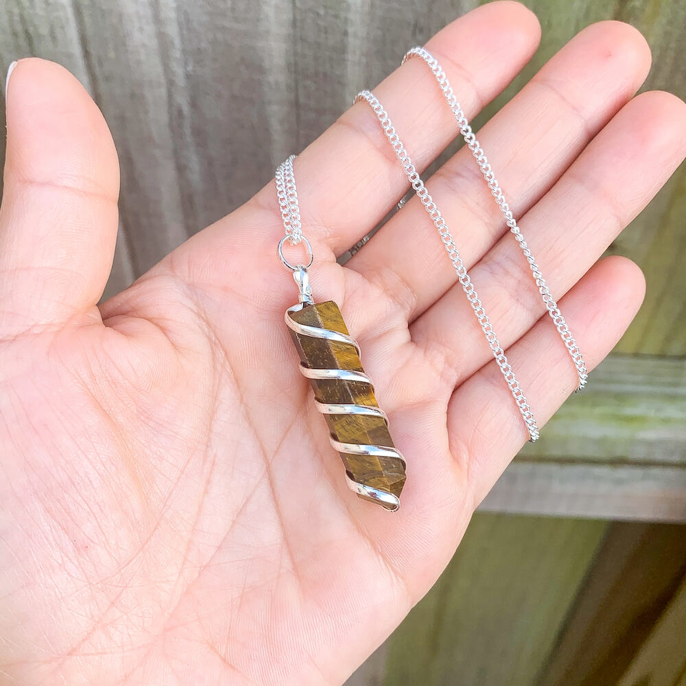 Tiger-Eye-Spiral-Wired-Wrap-Necklace. Gemstone Spiral Wrapped Pendant Necklace - MagicCrystals.com