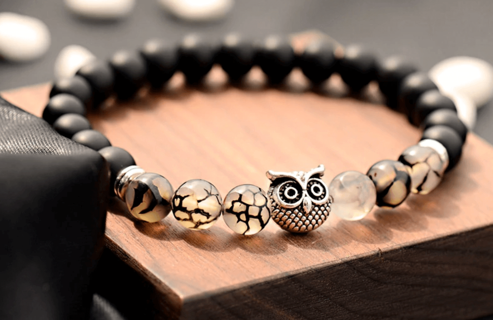Black Onyx Stone & Black Tourmalinated quartz Gemstone Owl Bracelet - Magic Crystals - Owl Bracelet