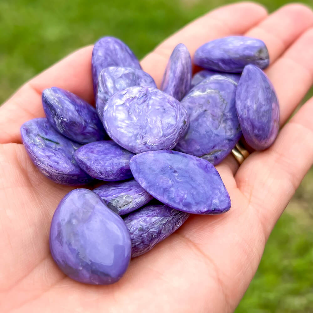 Charoite "Stone of The Dragon" stone from Russia. High Quality, Russian Natural Purple Stone, Polished Crystal. Charoite is known as a soul stone that can provide strong physical and emotional healing energies. FREE SHIPPING available. Natural Russian Charoite. Charoite Tumbled Stones from Russia, Polished Charoite.
