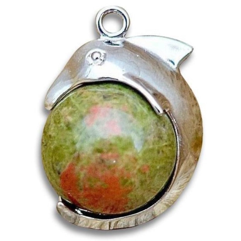 Unakite--Sphere-Dolphin-Pendant-Necklace. Dolphin Necklace - Elegant Ocean-Themed Jewelry for Women Dolphin Charm Necklace at Magic Crystals. Boho Style Jewelry with Natural Gemstones. Stone Carved Dolphin Necklace Pendant, Beach Surf Ocean Boho Gemstone Whale Fairtrade Gift. These beautiful stone necklaces are all hand carved.