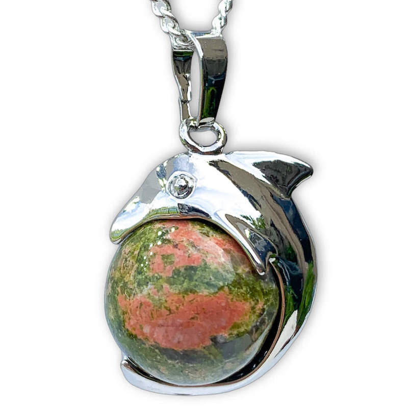 Unakite--Sphere-Dolphin-Pendant-Necklace. Dolphin Necklace - Elegant Ocean-Themed Jewelry for Women Dolphin Charm Necklace at Magic Crystals. Boho Style Jewelry with Natural Gemstones. Stone Carved Dolphin Necklace Pendant, Beach Surf Ocean Boho Gemstone Whale Fairtrade Gift. These beautiful stone necklaces are all hand carved.