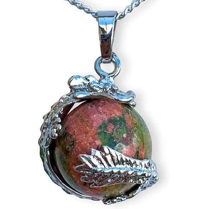 Unakite-Sphere Dragon Pendant Necklace - Dragon Necklace - Magic Crystals