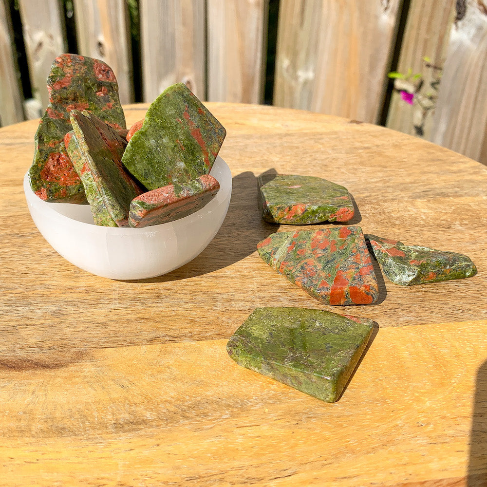 Buy Magic Crystals Unakite Free Form Gemstone - Unakite Slab at Magic Crystals. Green stone. Heart Chakra - 4th Chakra - Fourth Chakra. Perfect for Reiki and Energy Healing. Unakite is a stone of vision. Unakite helps to find balance through spirituality.