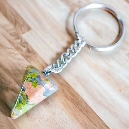 Unakite keychain. Shop at Magic Crystals for Crystal Keychain, Pet Collar Charm, Bag Accessory, natural stone, crystal on the go, keychain charm, gift for her and him. Unakite is a great for vitality. Unakite Natural Stone Keychain, Crystal Keychain, Unakite Crystal Key Holder. Green gemstone.