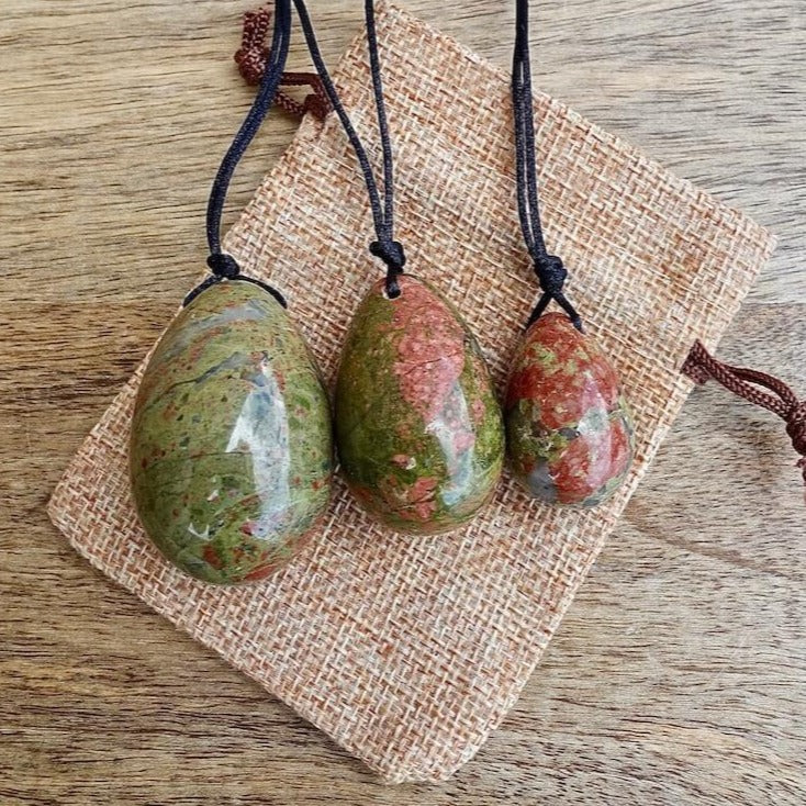 Unakite Yoni Eggs Set. Free Shipping Available. Buy from Magic Crystals . Yoni Eggs 3-pcs Yoni Eggs Certified  jade eggs, Drilled, with String. Yoni Eggs are highly polished semi-precious gemstones carved especially for the female Yoni (vagina). Natural Yoni Eggs Set - Yoni Eggs drilled.