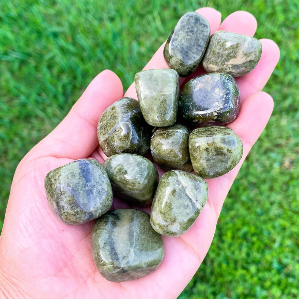 Looking for Vesuvianite Stone, Vesuvianite Idocrase Polished Stone? Shop at Magic Crystals for genuine Vesuvianite polished gemstones, Vesuvianite towers and jewelry. Vesuvianite stones meaning - Heart Chakra - Reiki - Energy Healing. Shop at magiccrystals.com green stones