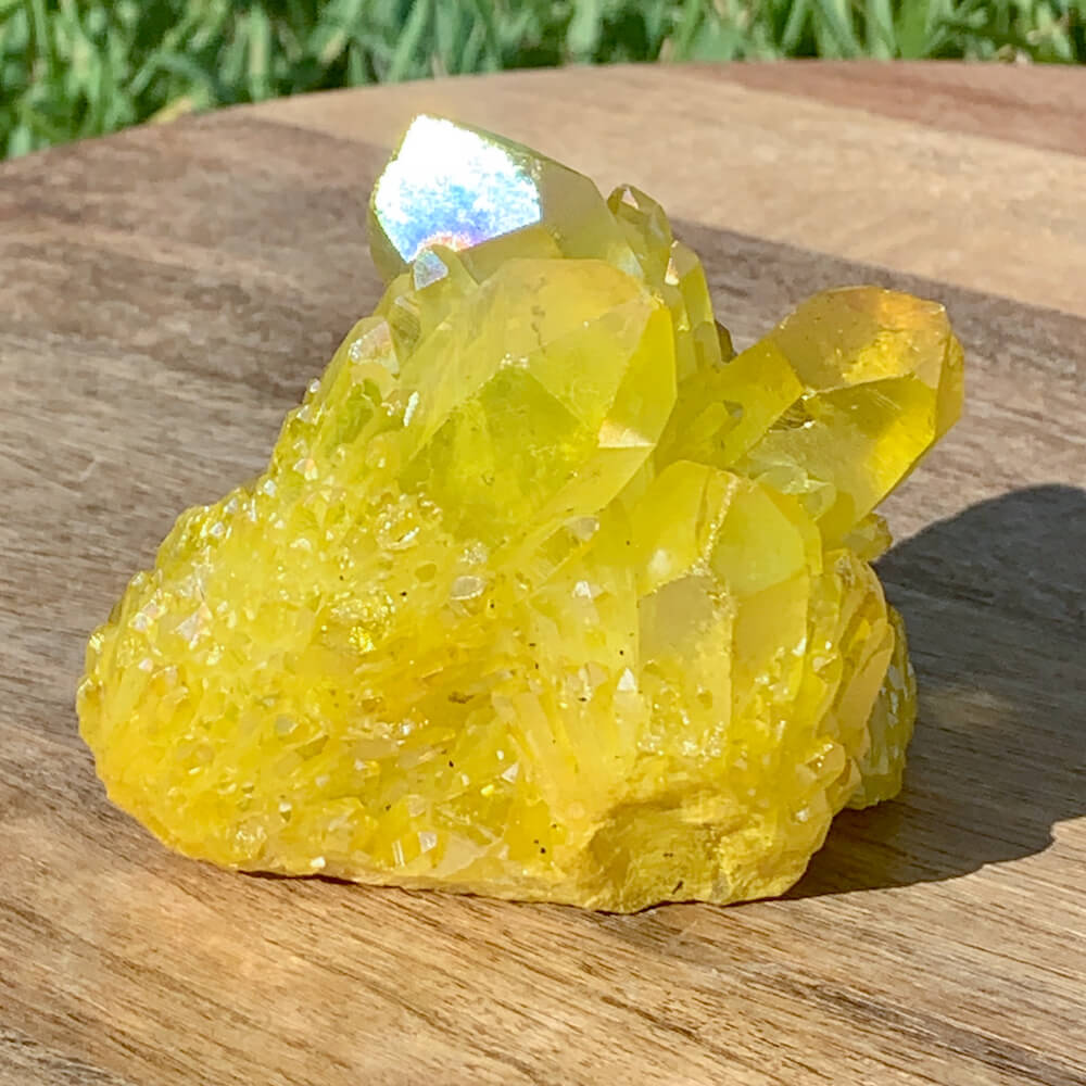 Looking for Rare Beautiful Yellow flame Spirit Quartz Aura Quartz Crystal cluster? Show at Magic Crystals for yellow gemstone clusters. AURA QUARTZ in color Sunshine Yellow - Large - Rainbow Quartz Crystal. Crystal Cluster and spirit Quartz, Metaphysical perfect for Crystal Decor. FREE SHIPPING AVAILABLE