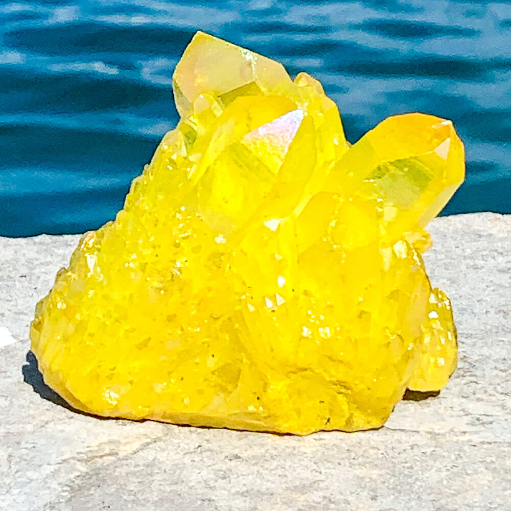 Looking for Rare Beautiful Yellow flame Spirit Quartz Aura Quartz Crystal cluster? Show at Magic Crystals for yellow gemstone clusters. AURA QUARTZ in color Sunshine Yellow - Large - Rainbow Quartz Crystal. Crystal Cluster and spirit Quartz, Metaphysical perfect for Crystal Decor. FREE SHIPPING AVAILABLE