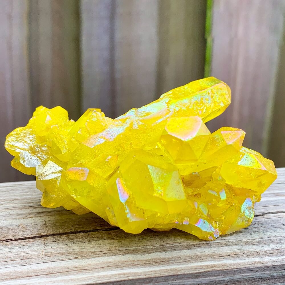 Looking for Rare Beautiful Yellow flame Aura Quartz Crystal cluster? Show at Magic Crystals for yellow gemstone clusters. AURA QUARTZ in color Sunshine Yellow - Large - Rainbow Quartz Crystal. Crystal Cluster and spirit Quartz, Metaphysical perfect for Crystal Decor. FREE SHIPPING AVAILABLE